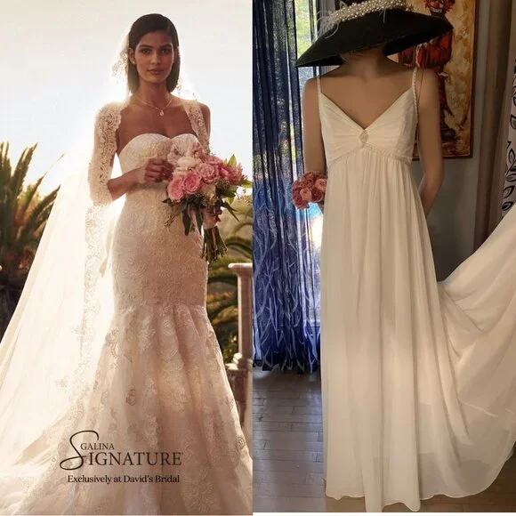 GALINA 4 DAVID'S BRIDAL EMPIRE WAIST BEADED CHIFFON OVERLAY WEDDING DRESS  GOWN 8